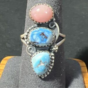 .925 Sterling Silver Golden Hills Turquoise & Pink Conch 3 Stone Ring Size 8.5